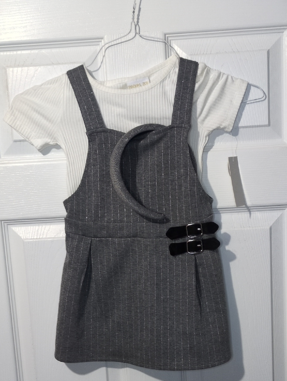Gray Pinstripe Jumper White Ribbed Tee Headband Set Buckle Preppy Pleated NWT 4T